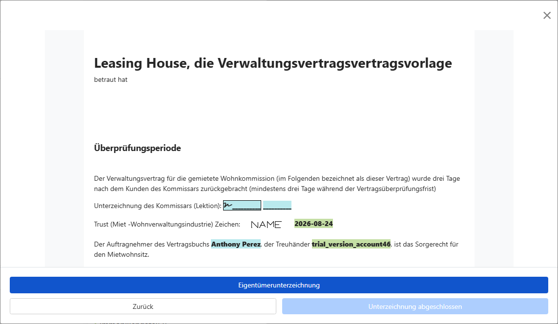 Vertrag überprüfen und zur Unterschrift an den Eigentümer senden