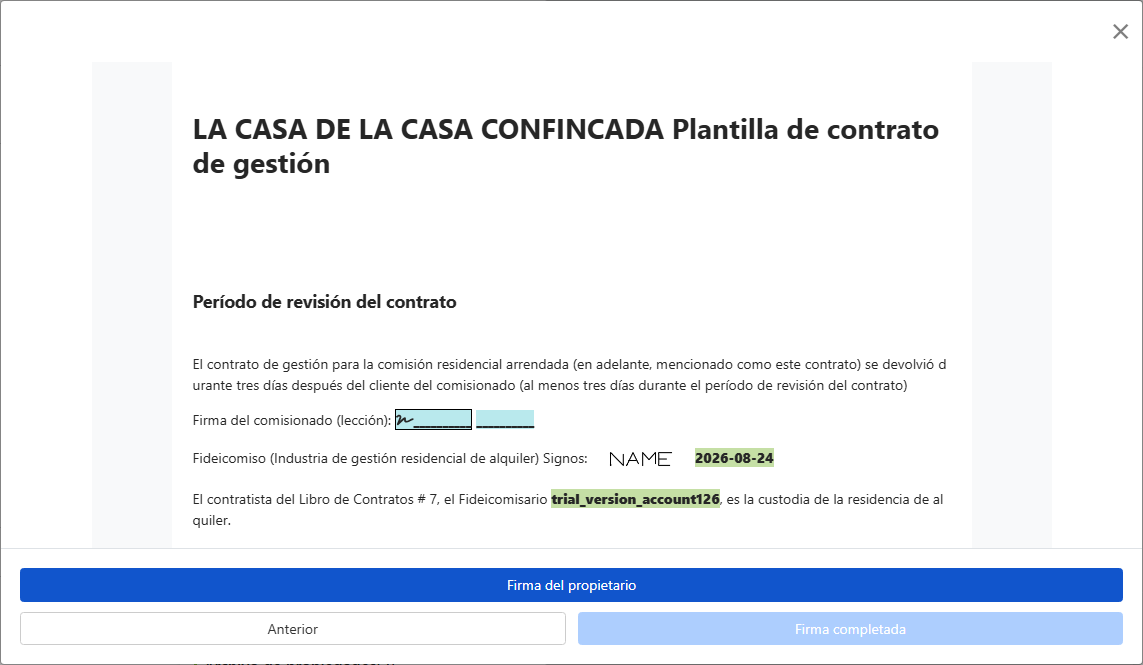 Previsualizar contrato y enviarlo al propietario para firmar