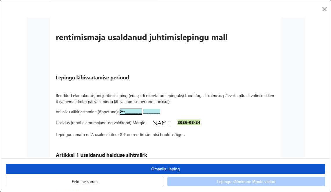 Läbivaata leping ja saada see omanikule allkirjastamiseks