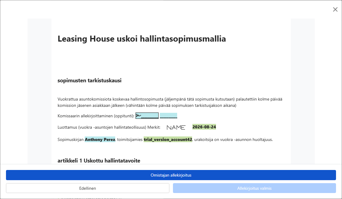 Esikatsele sopimus ja lähetä omistajalle allekirjoitettavaksi