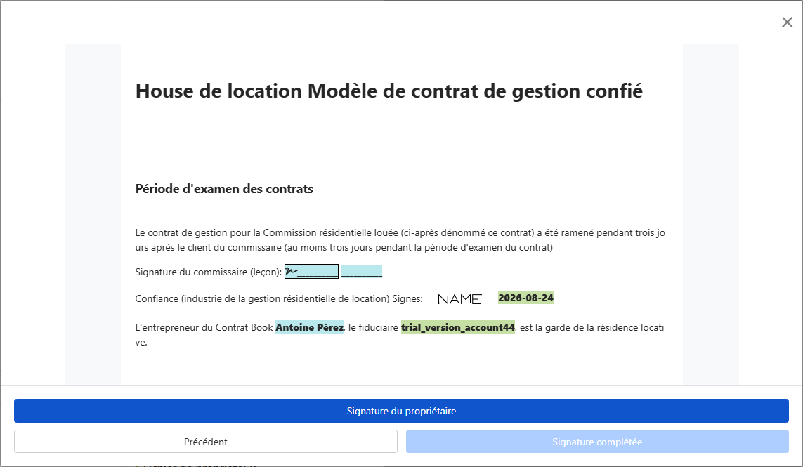 Prévisualiser le contrat et l'envoyer au propriétaire pour signature