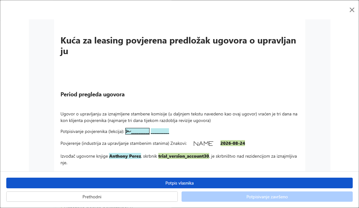 Pregledajte ugovor i pošaljite ga vlasniku na potpis