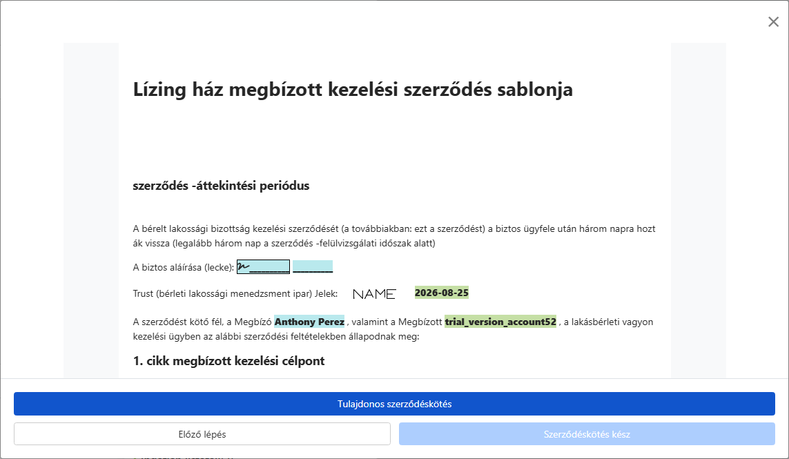 Szerződés előnézet és küldés az aláírásra a tulajdonosnak