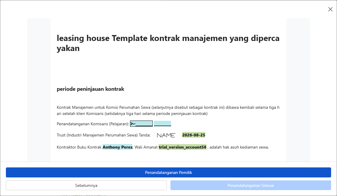 Pratinjau kontrak dan kirim untuk ditandatangani pemilik