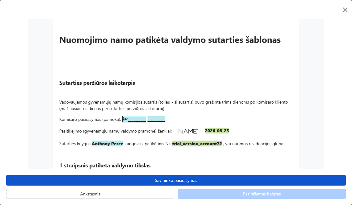Peržiūrėti sutartį ir išsiųsti savininkui pasirašyti