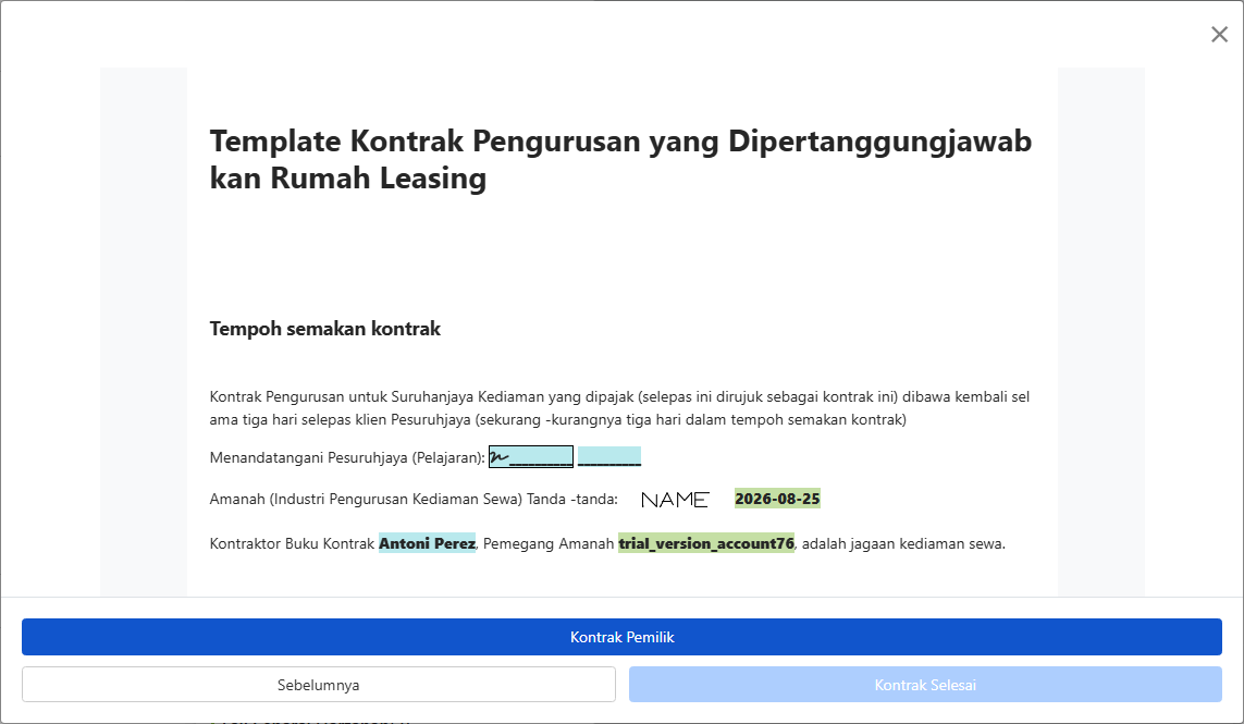 Prapapar kontrak dan hantar untuk tandatangan pemilik