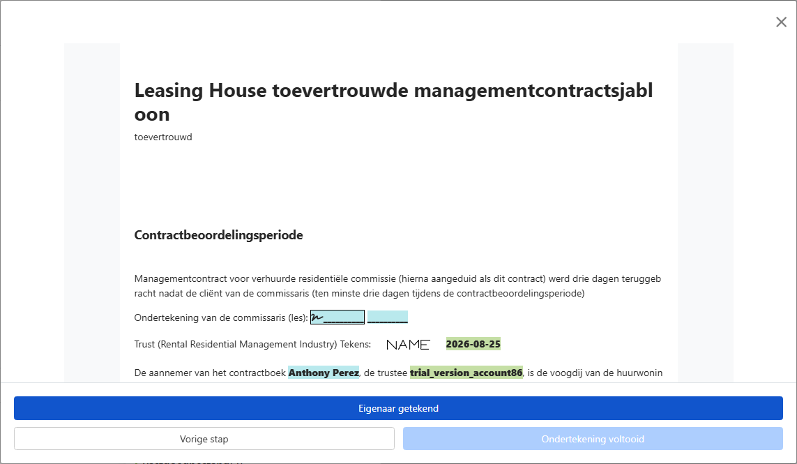 Bekijk contract en verstuur naar eigenaar voor ondertekening
