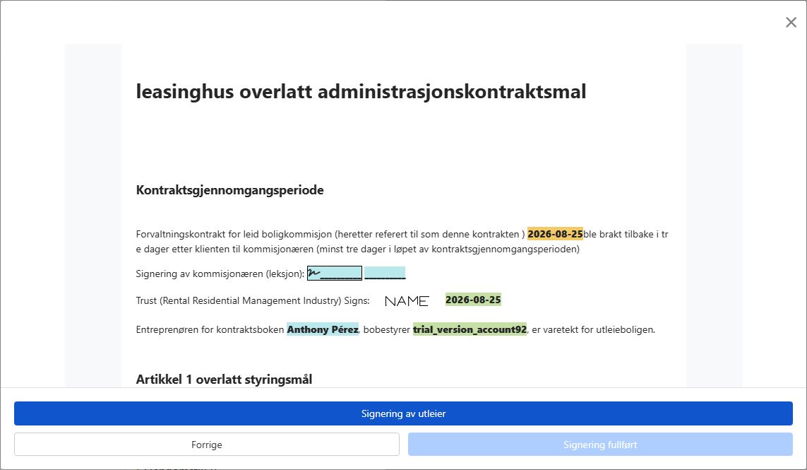 Forhåndsvis kontrakten og send til eieren for signatur