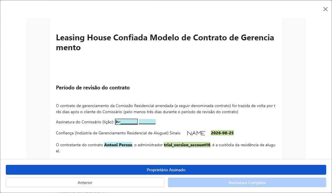 Visualizar e enviar contrato para assinatura do proprietário