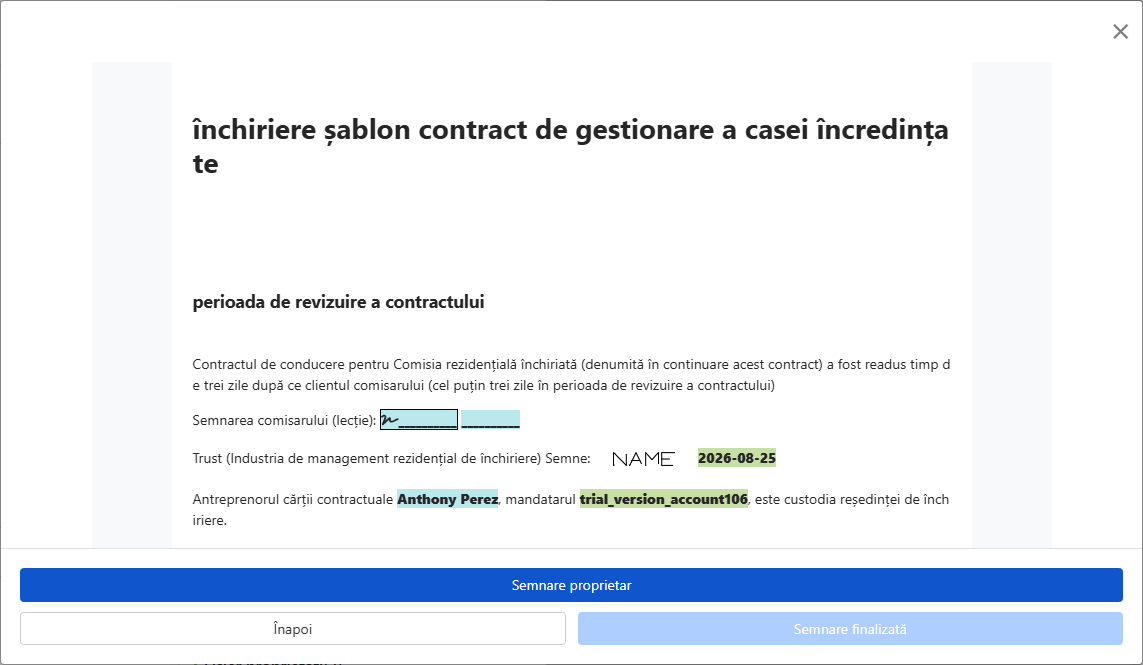 Previzualizați contractul și trimiteți-l proprietarului pentru semnătură