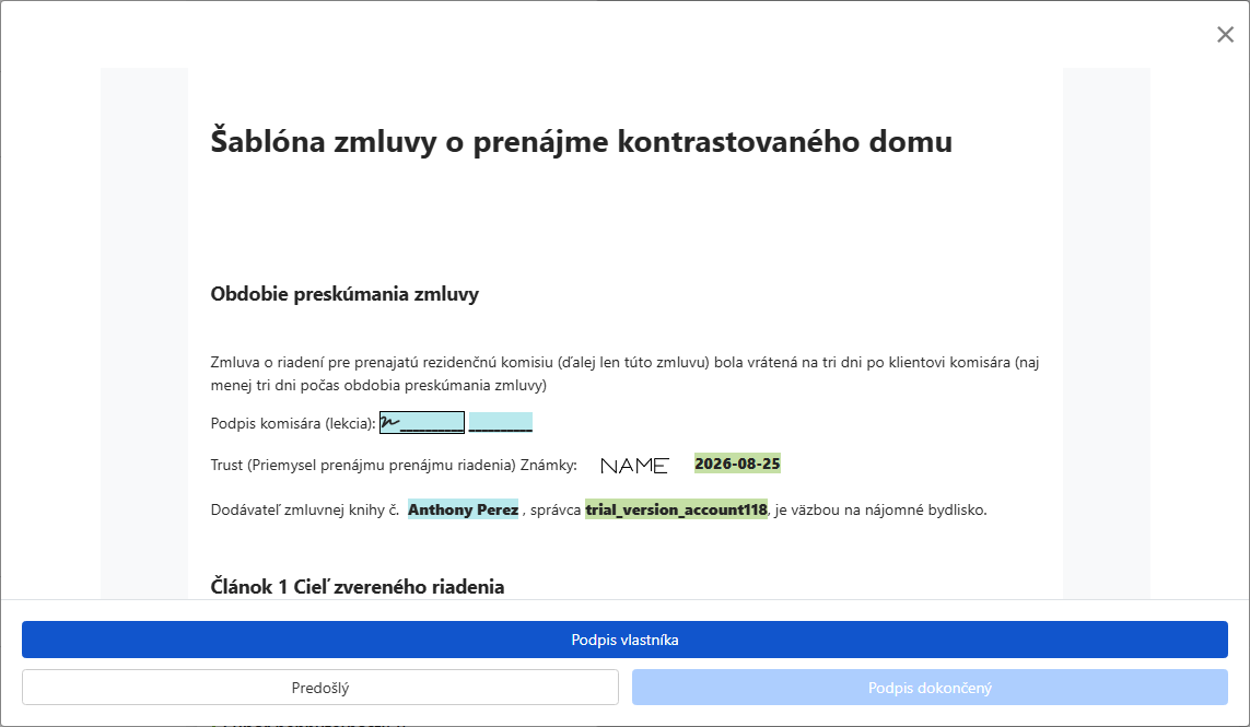 Skontrolovať zmluvu a odoslať ju vlastníkovi na podpis