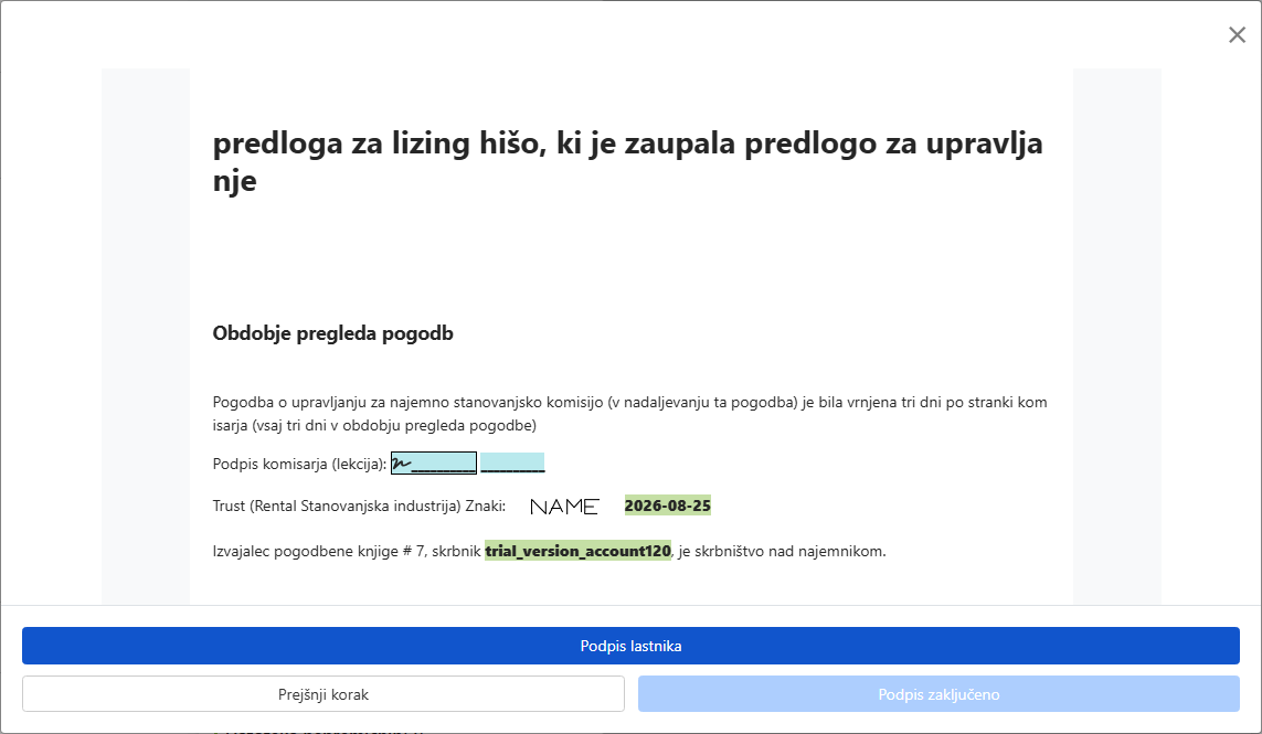 Preglej pogodbo in jo pošlji lastniku v podpis