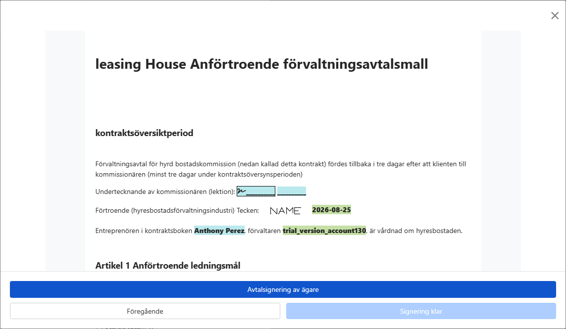 Förhandsgranska avtalet och skicka det för ägarens signatur