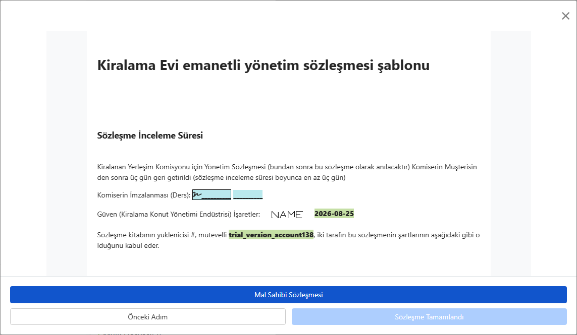 Sözleşmeyi önizleyin ve imza için mülk sahibine gönderin