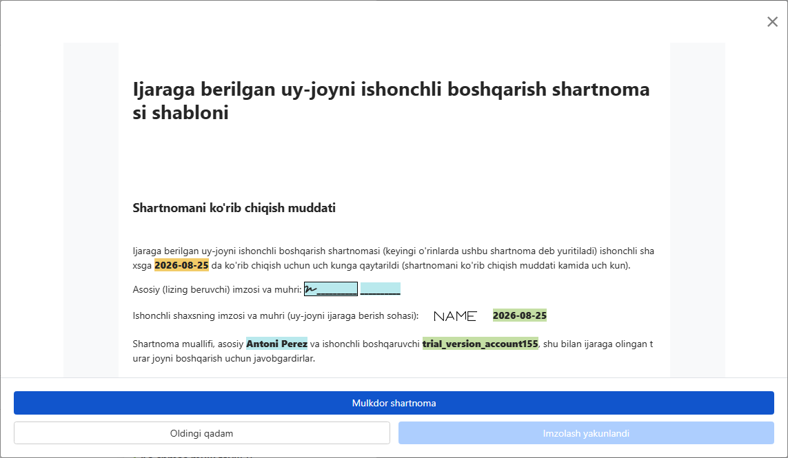 Shartnomani ko‘rib chiqish va imzolash uchun e’gasi bilan bo'lishish