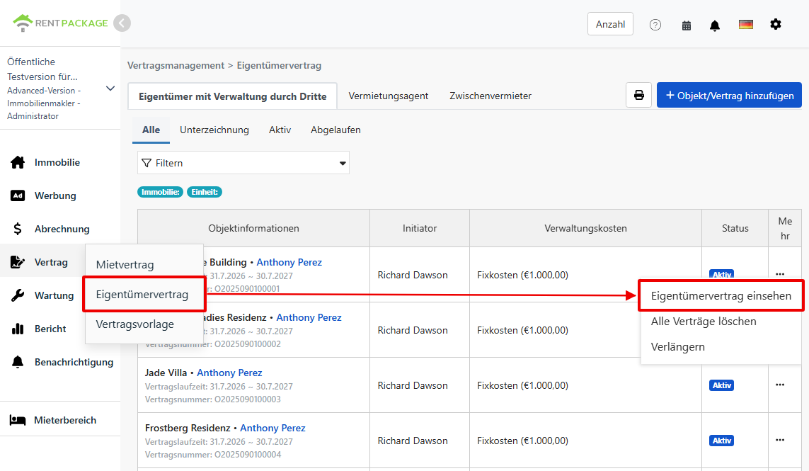 Zugang und Ansicht der Eigentümerverträge im Vertragsmodul