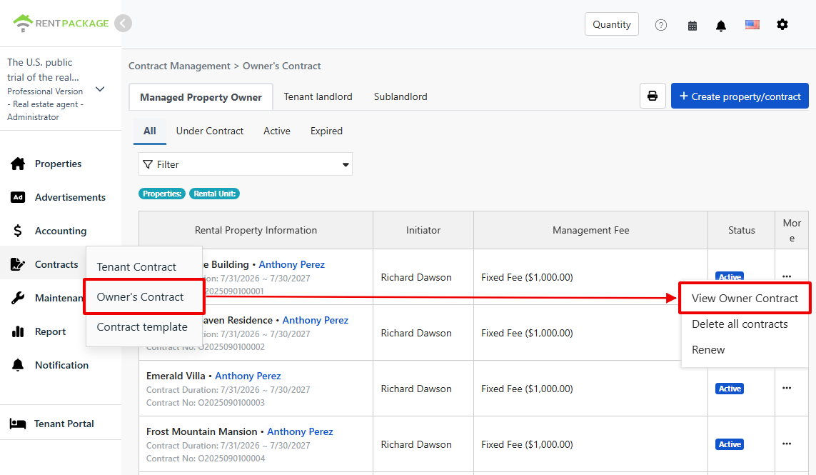 Owner contract entry and view options in contract functions