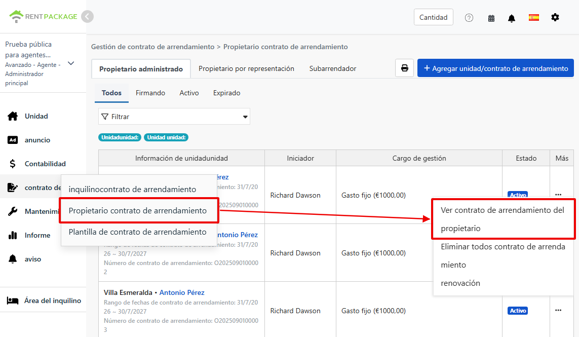 Entrada a contrato de propietario y opción de ver contrato en la función de contratos