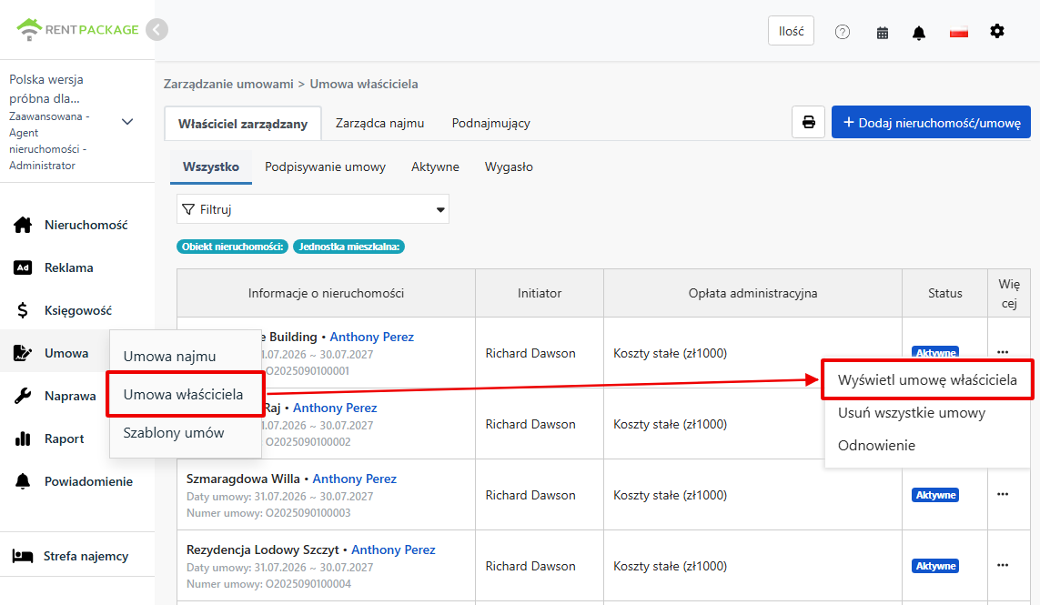 Wejście z funkcji umowy oraz opcja przeglądu umowy właściciela