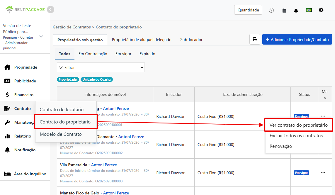 Entrada de Contrato do Proprietário na função de contratos e opção de ver Contrato do Proprietário