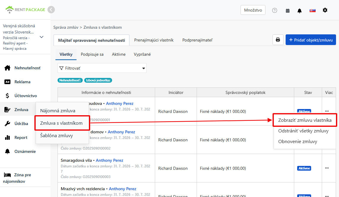 Vstup k vlastníckej zmluve a možnosť zobrazenia vlastníckej zmluvy vo funkcii Zmluvy
