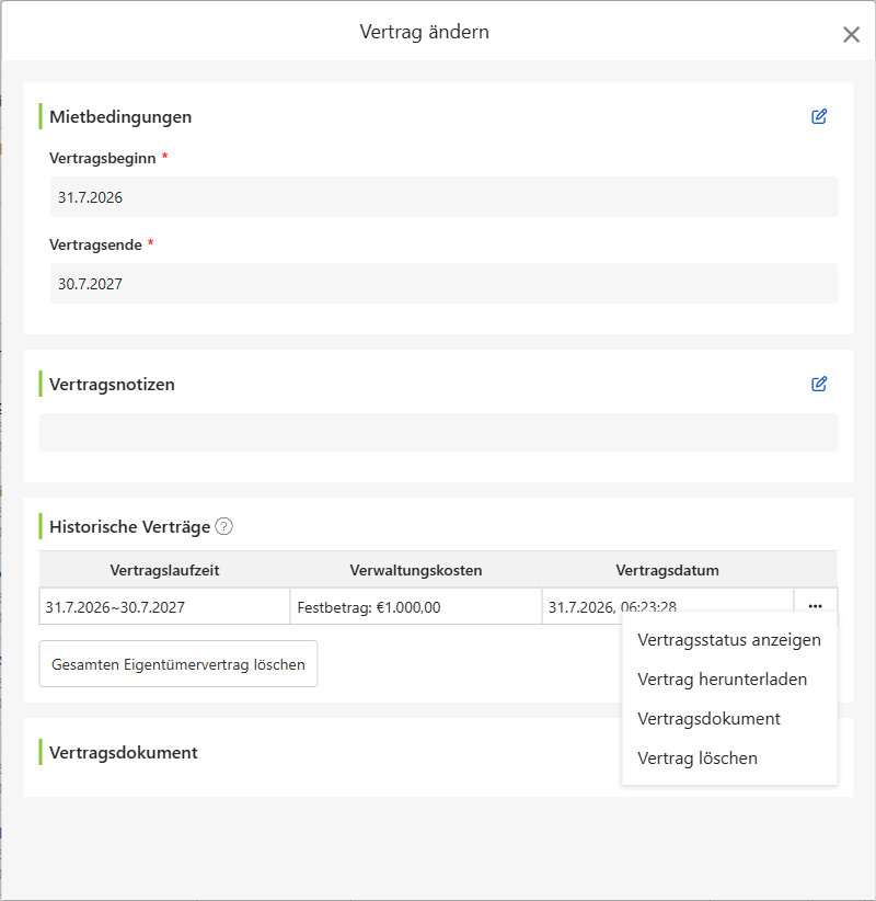 Eigentümervertragsansicht: Auftragsdaten, Vertragsnotizen, Vertragsverlauf und Vertragsdokumente