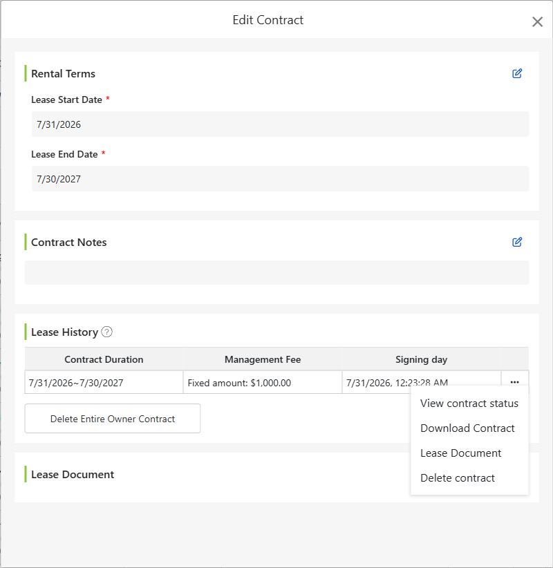 Modify Owner Contract screen: Start/End dates, notes, lease history, and contract documents.