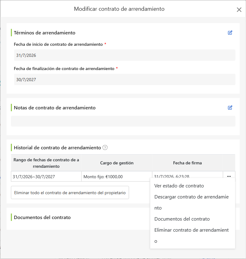 Pantalla para modificar contrato de propietario: fechas de delegación, notas de contrato, historial de arrendamiento y documentos del contrato