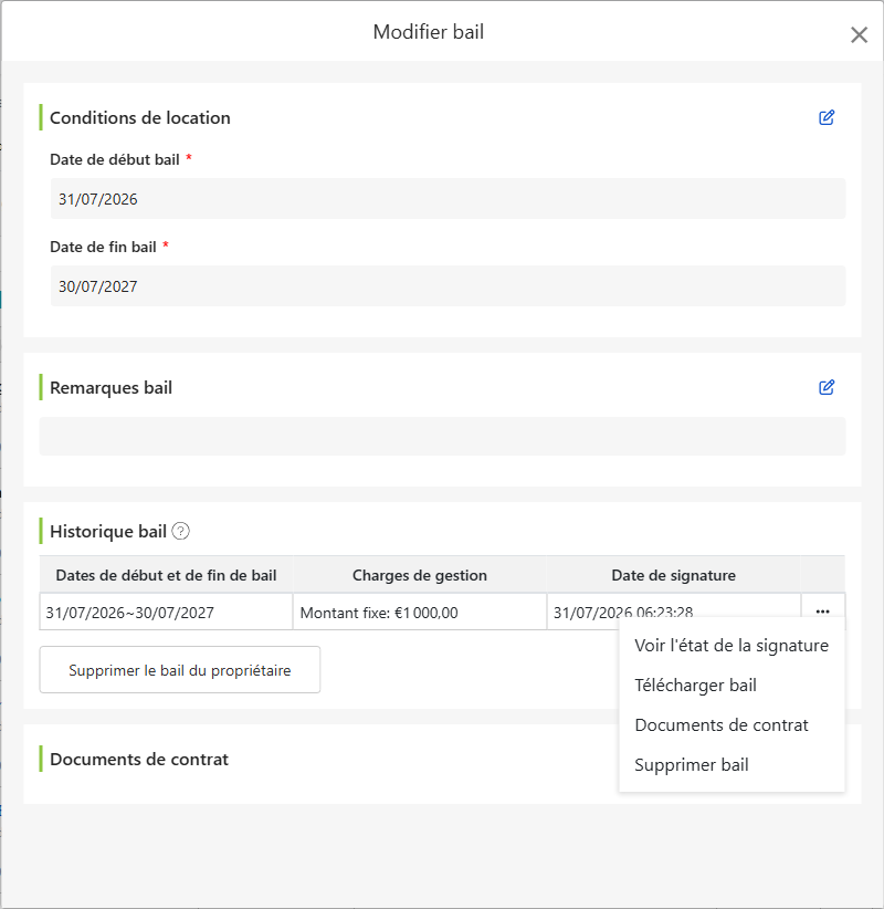 Écran de modification du contrat propriétaire : dates de début et de fin, remarques du contrat, historique du bail et documents du contrat