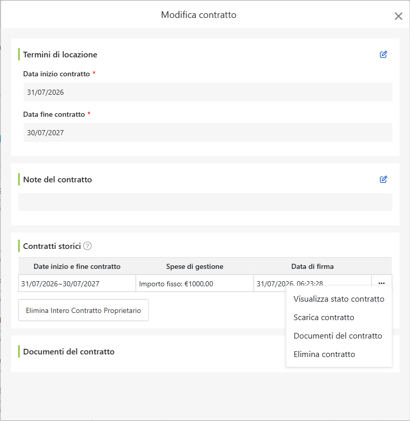 Schermata di modifica contratto: date incarico, note contratto, storico affitti e documenti
