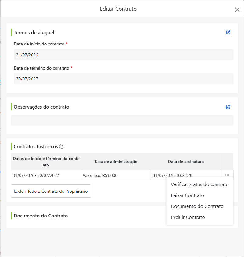 Tela de Modificação do Contrato do Proprietário: Datas de Mandato, Notas do Contrato, Histórico de Aluguel e Documentos do Contrato