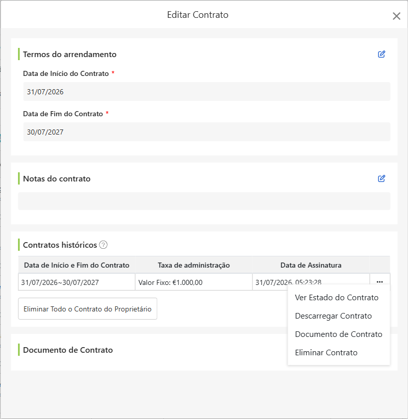 Ecrã de modificação do contrato do proprietário: datas de início e término da comissão, notas do contrato, histórico de arrendamento e documentos do contrato