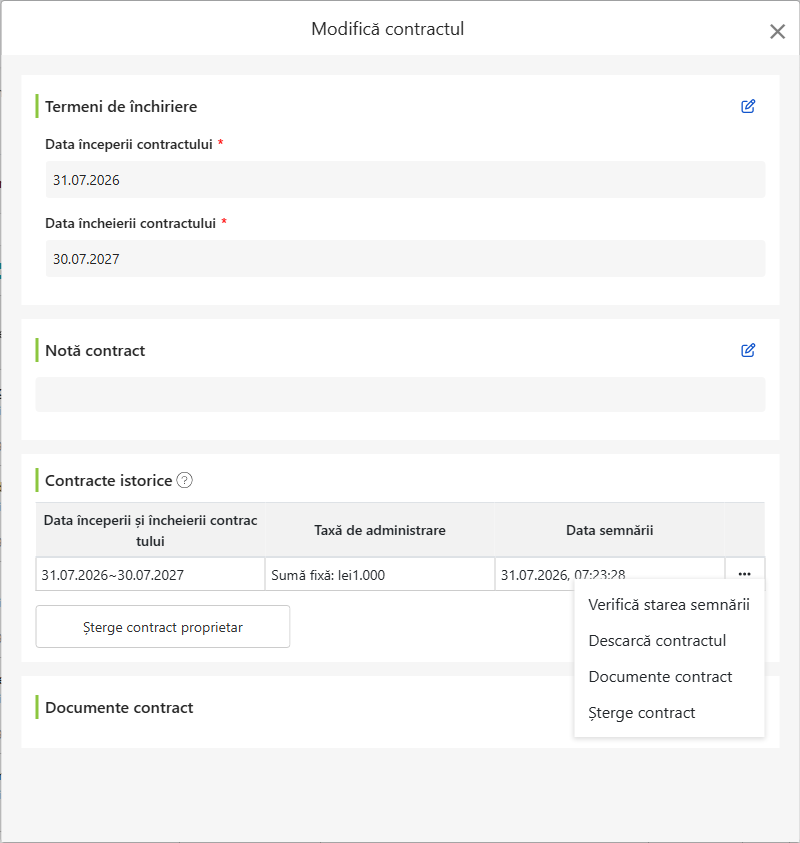 Ecran de modificare a contractului proprietarului: datele de începere/terminare a delegării, note contractuale, istoric chirie și documente contract