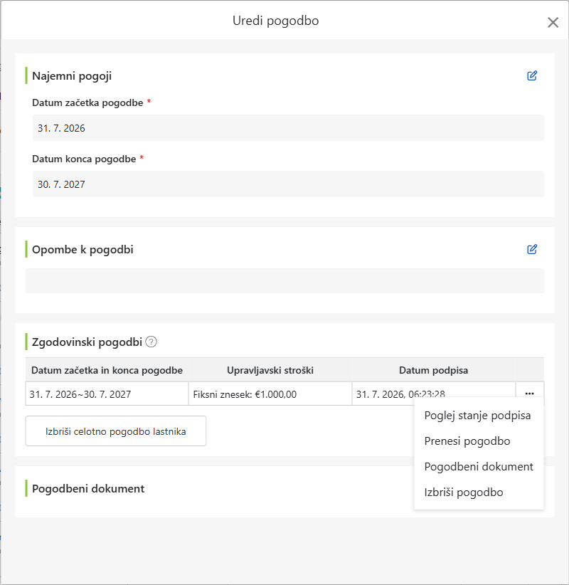 Zaslon za prilagoditev lastniške pogodbe: Datumi storitev, opombe, zgodovina najema in dokumenti pogodbe