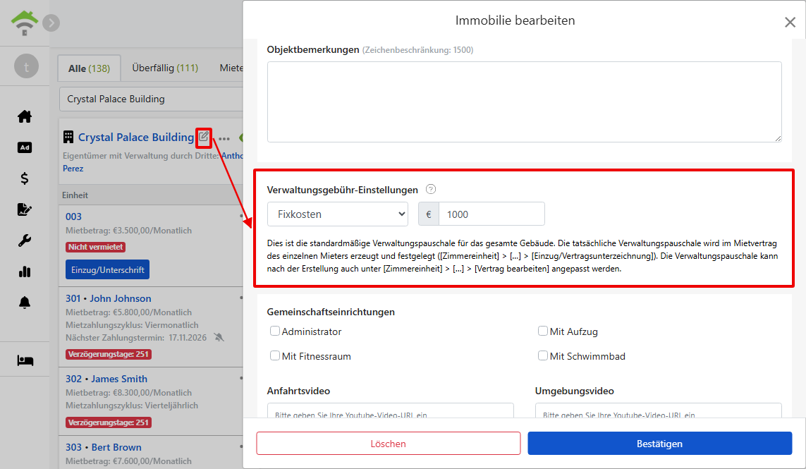 Verwaltungseinstellungen im Objekt Bearbeitungsfenster: Abrechnungsmodus, Prozentsatz und Grenzwerte
