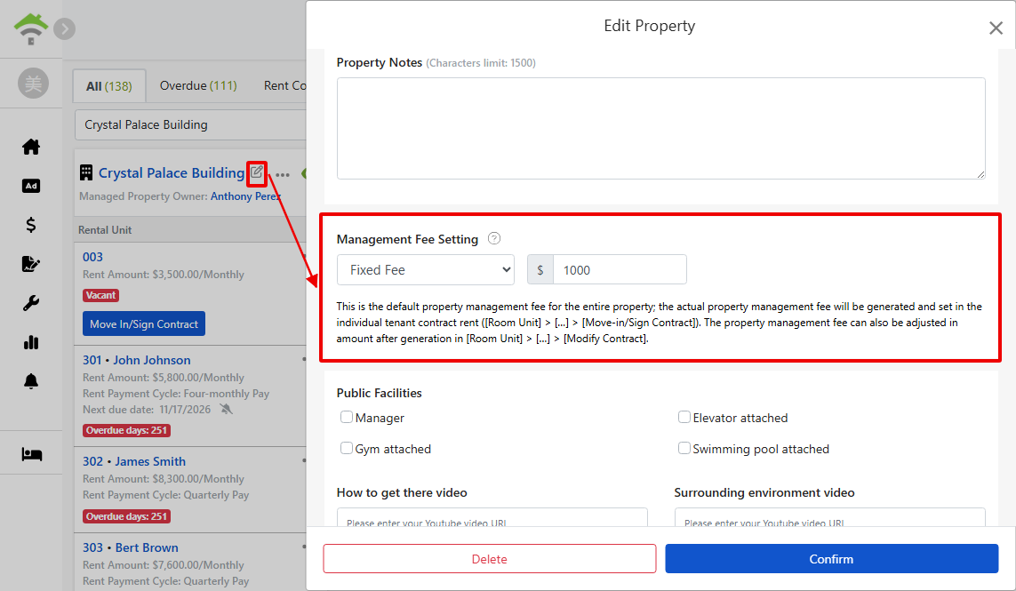 Management fee settings in edit property window: Billing mode, percentage, and min/max amounts.