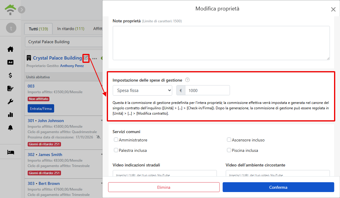 Impostazioni delle spese di gestione nella finestra di modifica della proprietà: modello di addebito, percentuale e importi dei limiti