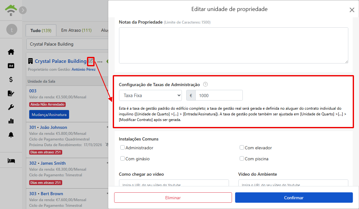 Configurações de taxa de administração na janela de edição de propriedades: modelo de cobrança, percentagem e limites