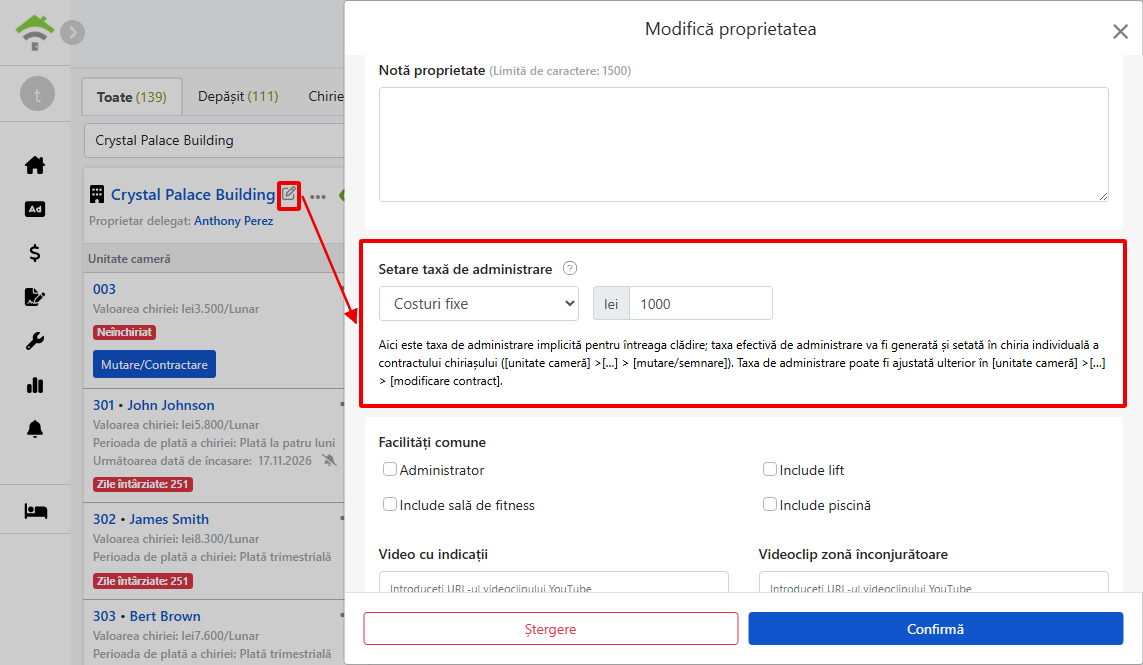 Setare taxă administrativă în fereastra de editare a proprietății: mod de calcul, procentaj și valori limite