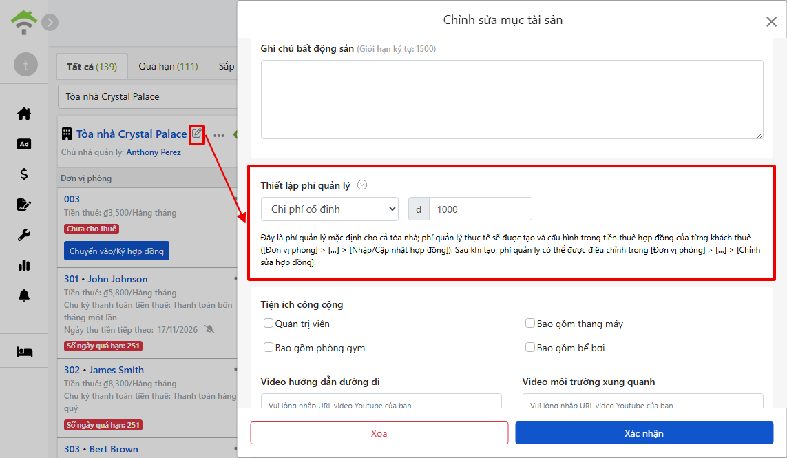 Cài đặt phí quản lý trong cửa sổ chỉnh sửa tài sản: chế độ tính phí, phần trăm và số tiền giới hạn trên dưới