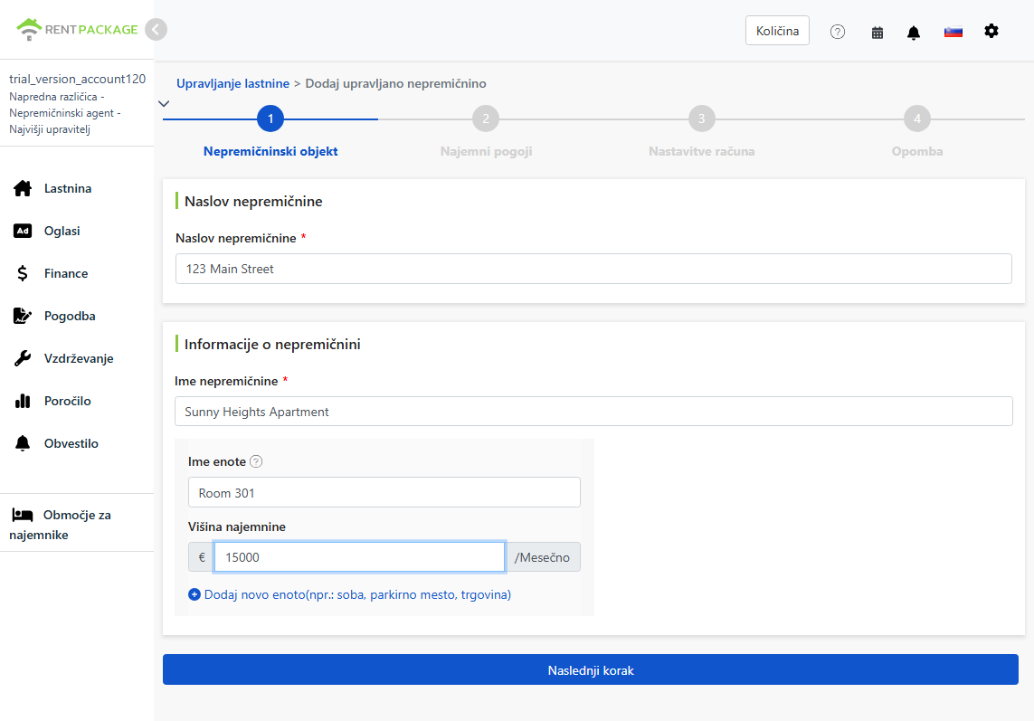 Vnesite naslov nepremičnine, ime in enote