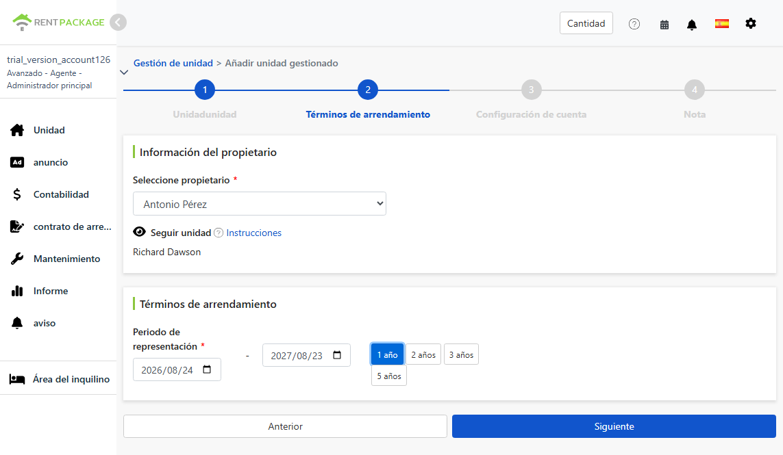 Seleccione propietario, propiedad a seguir y periodo de gestión