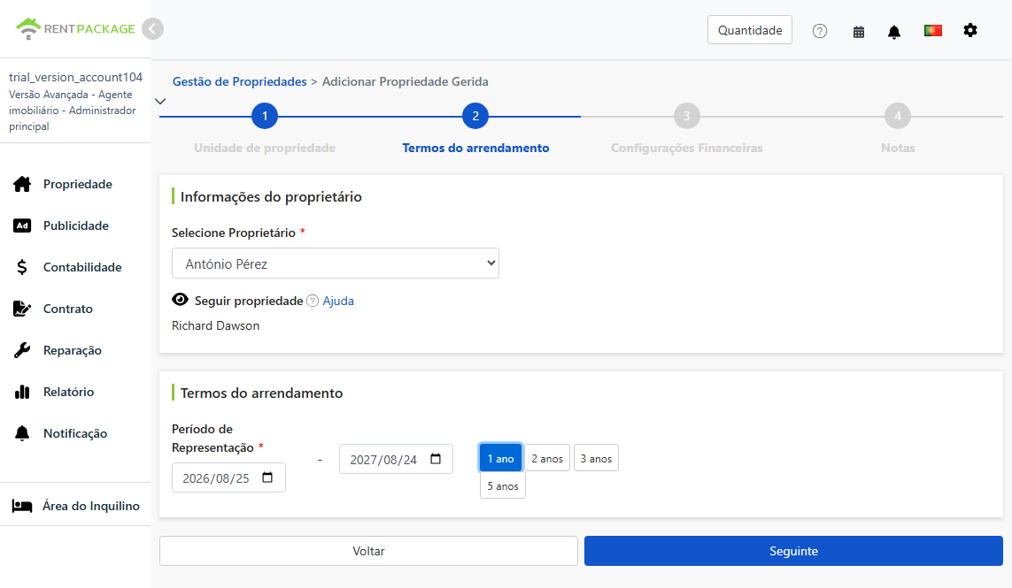Selecionar proprietário, objeto de interesse e período de delegação