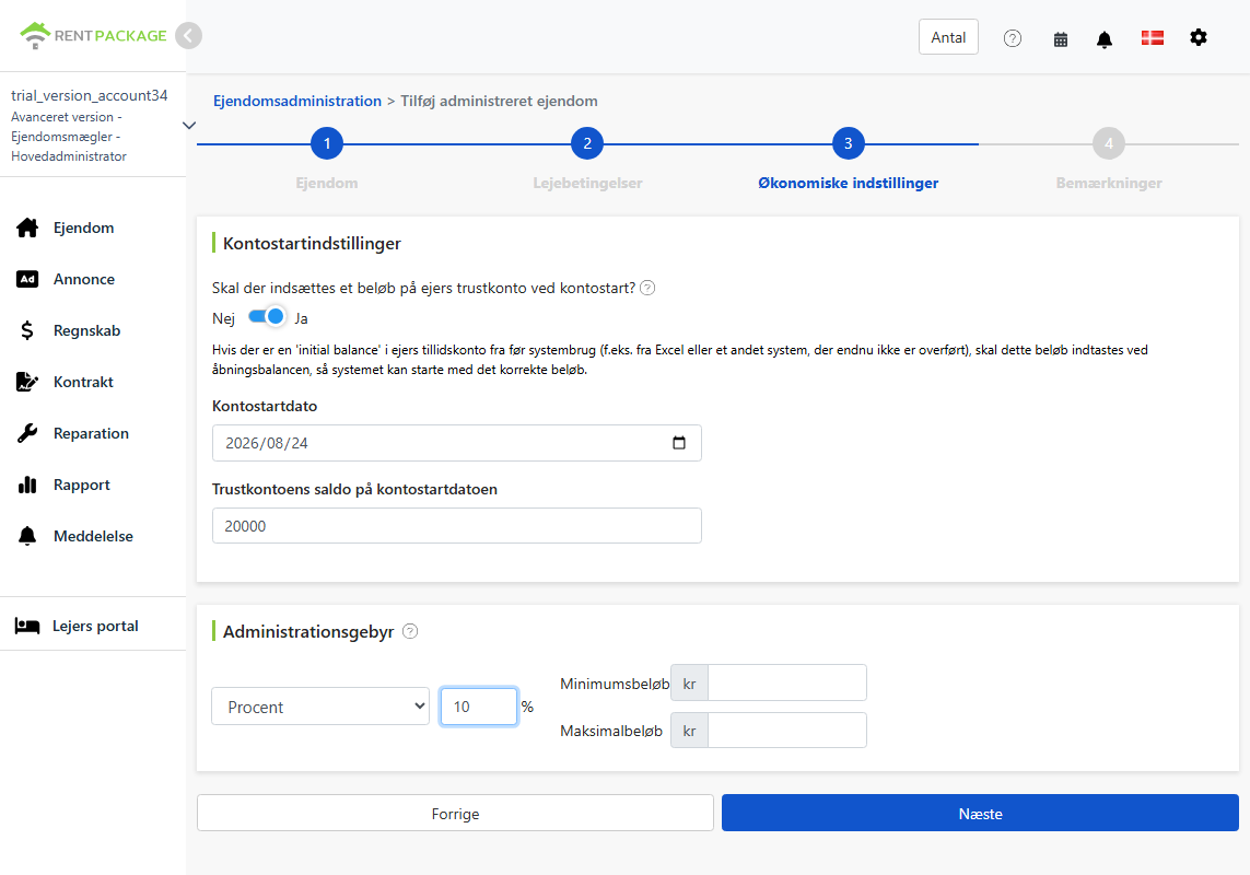 Bogføringsindstilling: Åbningsbalance og administrationsgebyr model