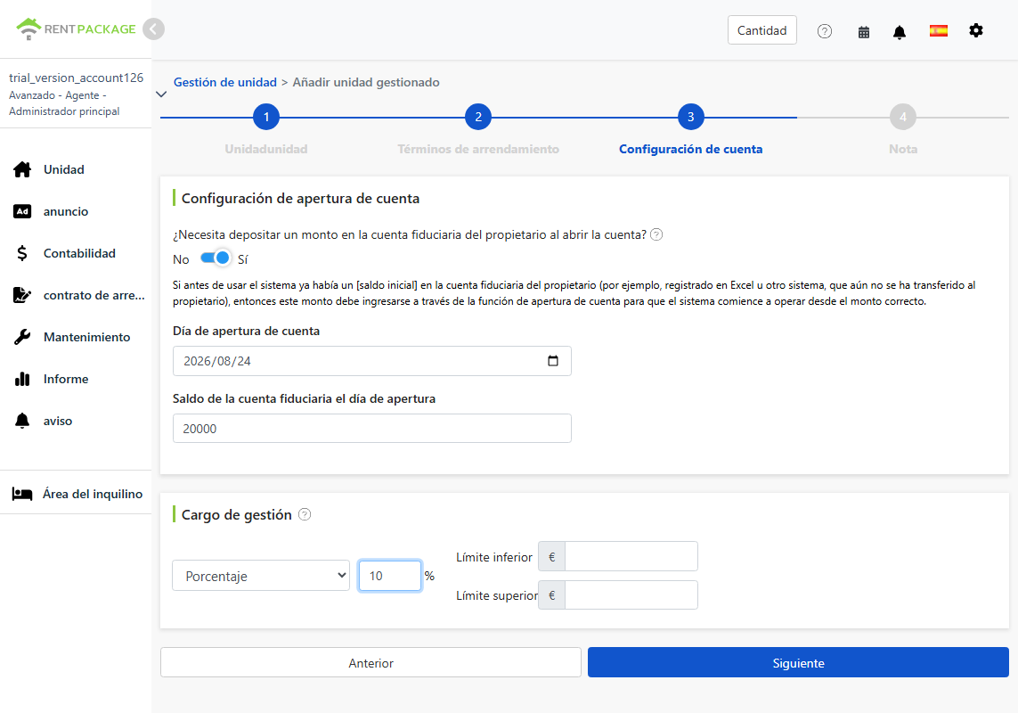 Configuración del libro de cuentas: Monto de apertura y modelo de tarifas de gestión