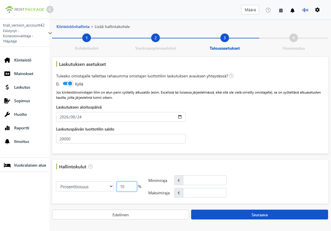 Kirjanpitoasetukset: alkusaldo ja hallintomaksumalli