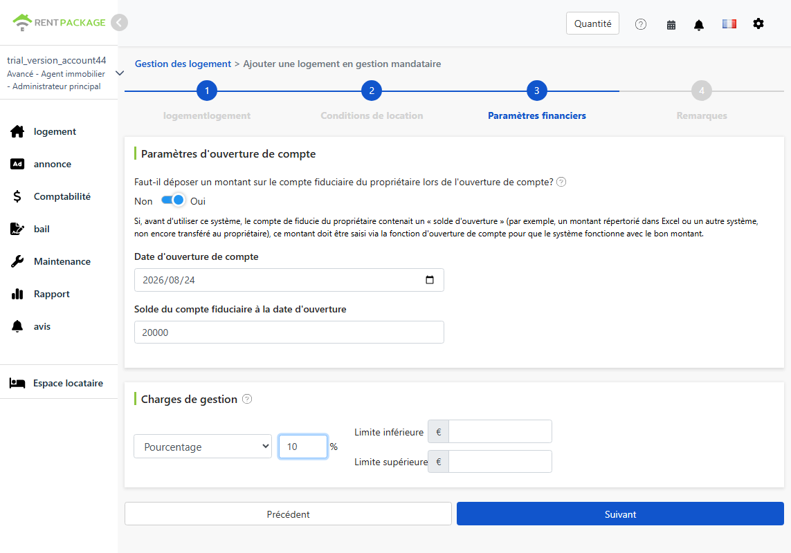 Paramètres du compte : montant de démarrage et modèle de frais de gestion