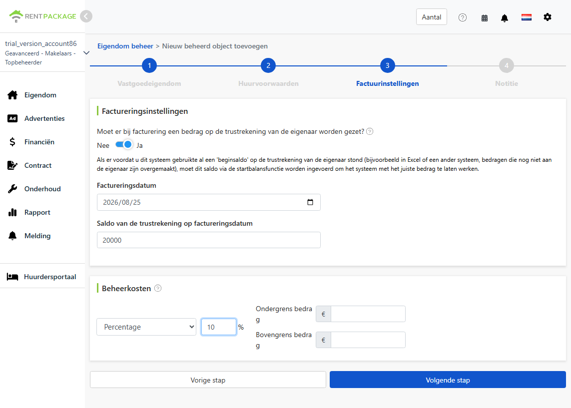 Boekhoudinstelling: Startbedrag en beheermodus