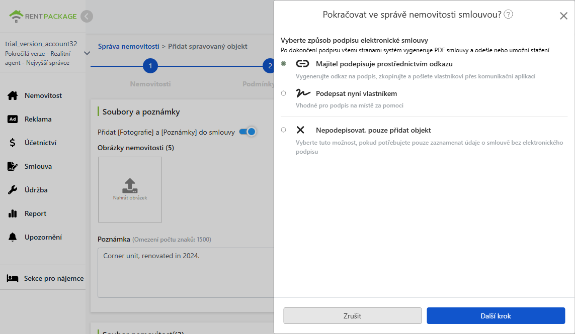Vyberte způsob elektronického podpisu smlouvy: Email, odkaz, podpis na místě nebo bez smlouvy
