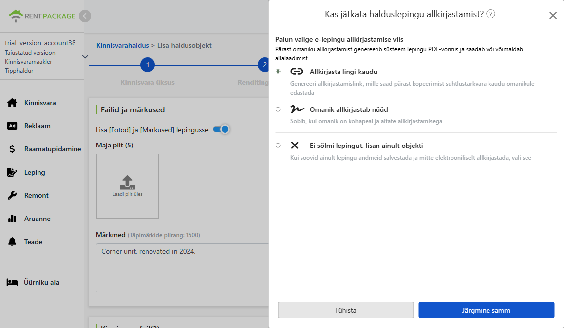 Vali lepingu allkirjastamise meetod: E-post, link, kohapeal või ilma lepinguta
